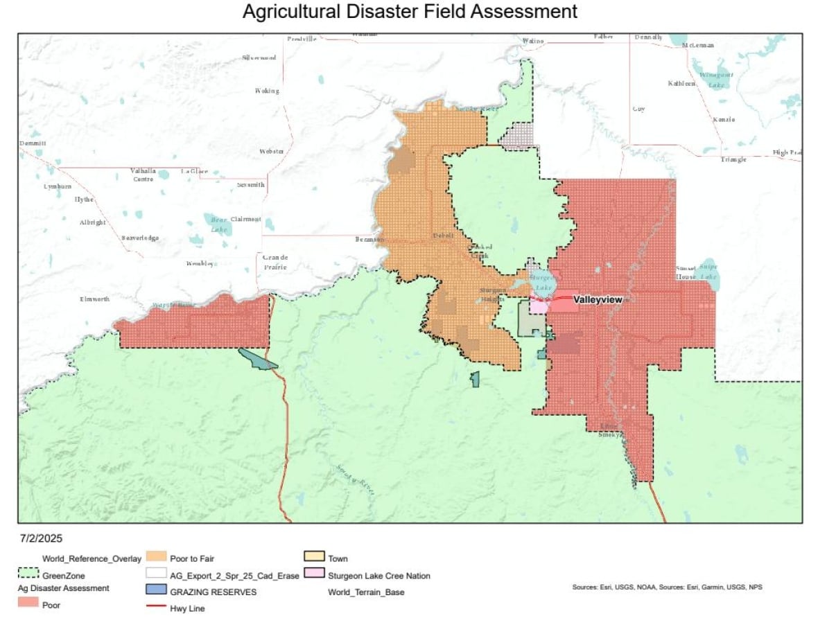 A map showing the agricultural land in the M.D. of Greenview. The worst areas are highlighted in red. The areas the are considered "poor to fair" are highlight in orange.