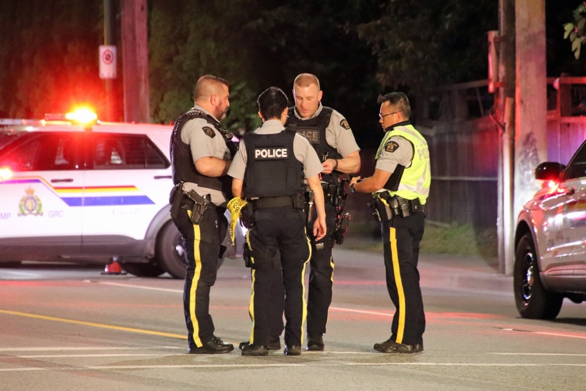 Four officers with yellow stripes on their pants wearing police vests, one of which says police on the back, stand near an accident scene with a police cruiser in the background. 