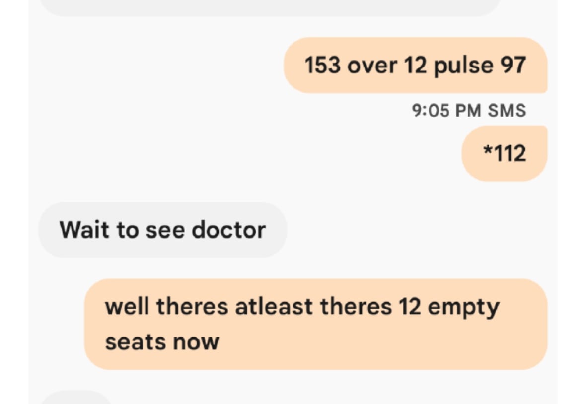 close up of screenshot of text showing Imeson's message to his mother reporting his blood pressure is 153 over 112