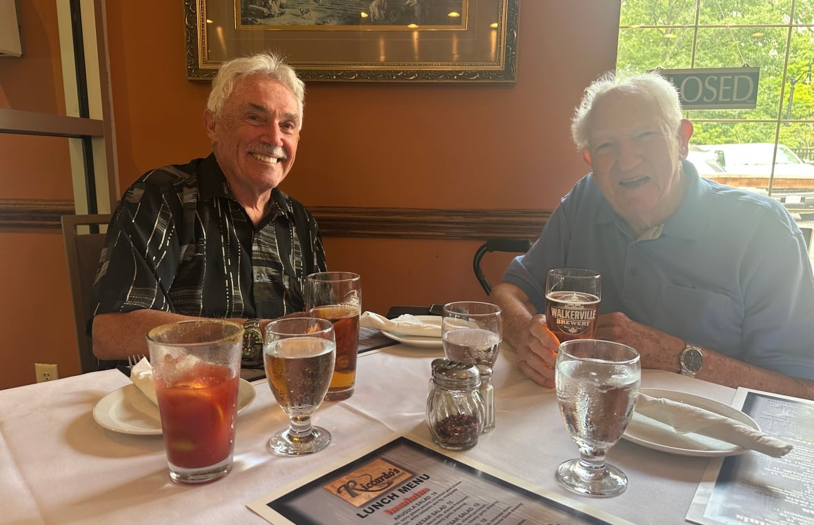 Every few weeks, Amherstburg Mayor Michael Prue, left, meets with Jack Edwards, right, to pick his brain about what's best for the town.