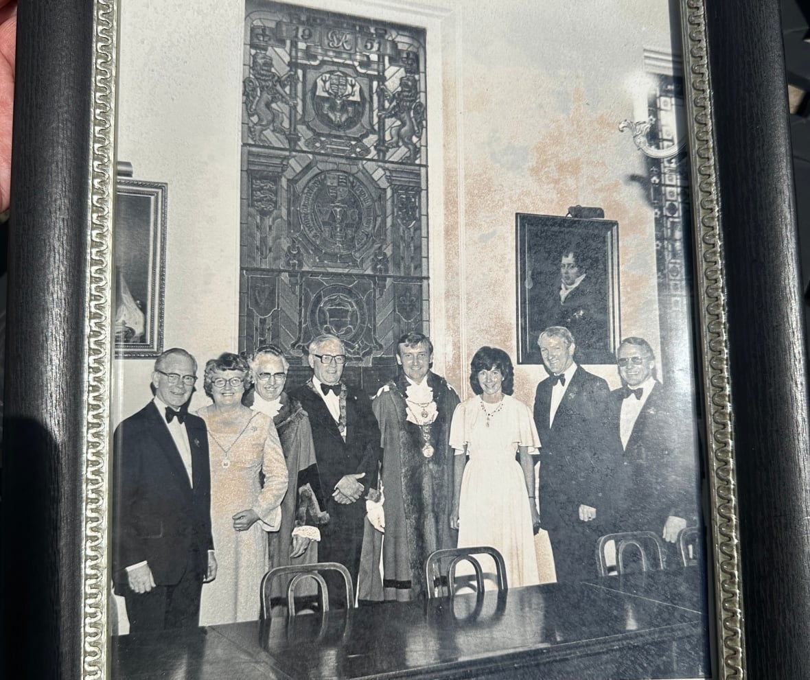 During a visit to England, a delegation from Windsor, Ont. is pictured in front of a stained glass window that Edwards says was gifted to Windsor, England by the citizens of Windsor, Ontario following World War II. Edwards is pictured second from the right.