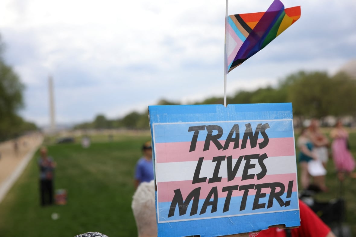 Auf einem in der Menge hochgehaltenen Schild mit den rosa, blauen und weißen Farben der Transgender-Pride-Flagge steht: „TRANS LIVES MATTER.“