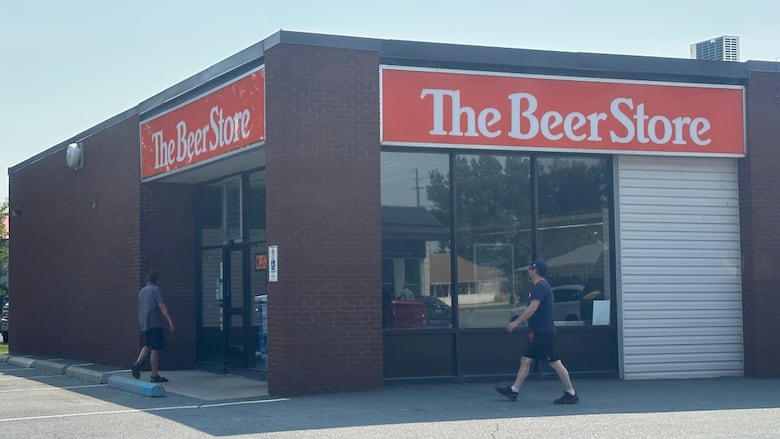 Photo of an outdoor building with two men walking towards it to enter the building.