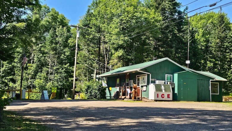 A green cabin in the woods