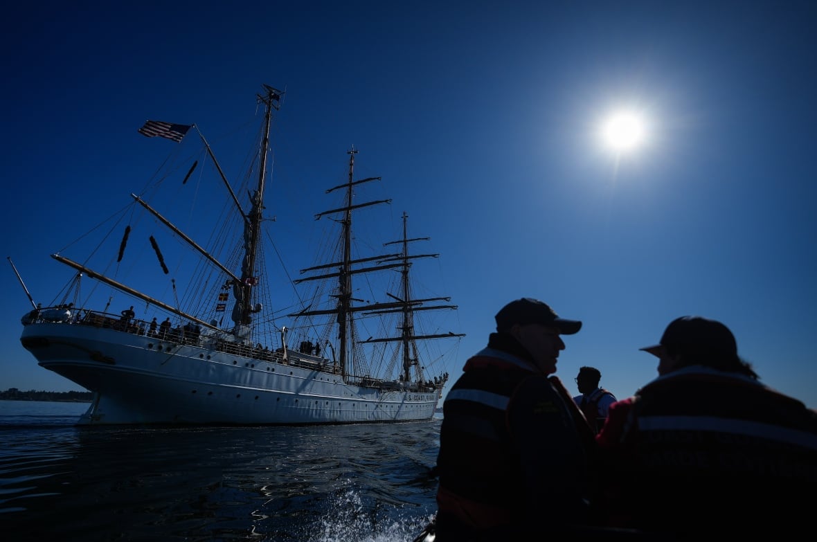 three sailors wearing hats are silhouetted near a large wooden ship on a clear blue sky day.
