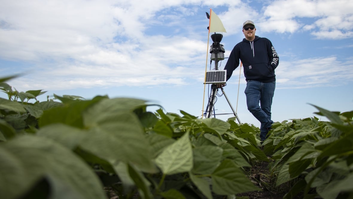 A farmer stands by a weather station in a field.