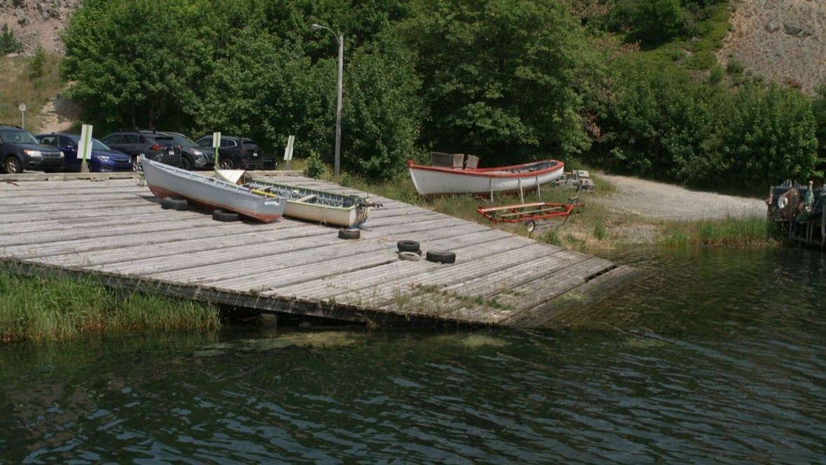 Boats stowed on wooden slipway that leads into water