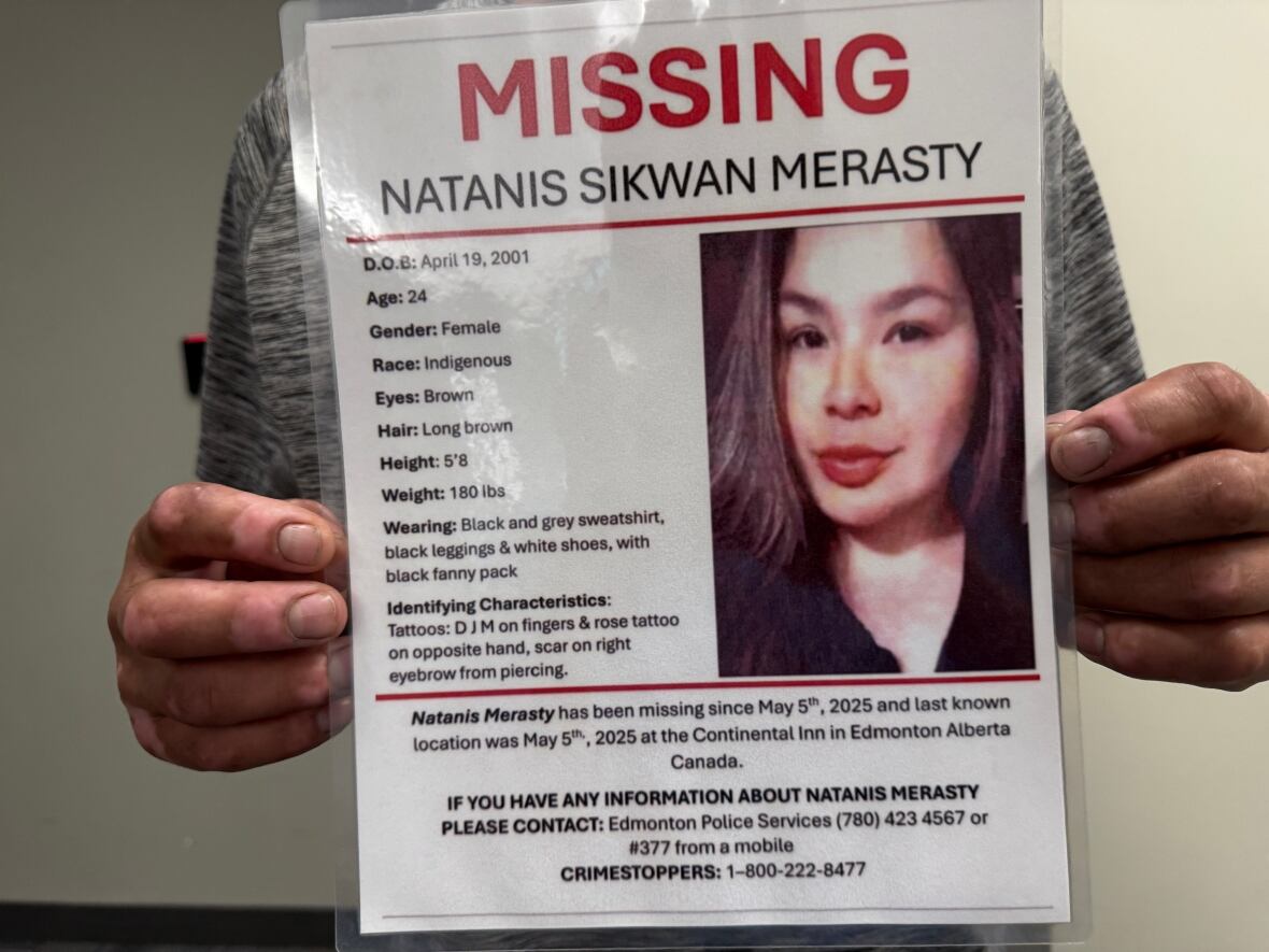 A missing poster of an Indigenous woman named Natanis Merasty, with details about her appearance and last known location.