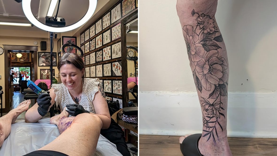 On the left, a smiling woman tattoos the leg of a person lying down. On the right, a close-up of a person’s calf and lower leg covered in a detailed tattoo of flowers and leaves.