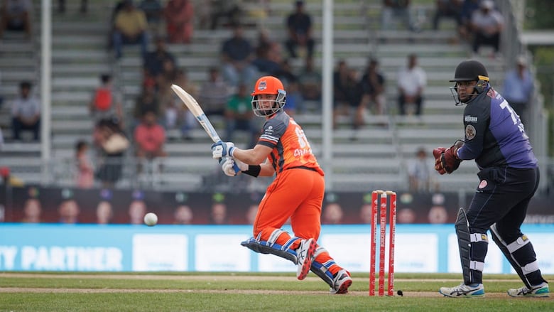 Mark Chapman bats for the Brampton Wolves in the opening match of the GT20 cricket tournament, in Brampton, on July 20, 2023.