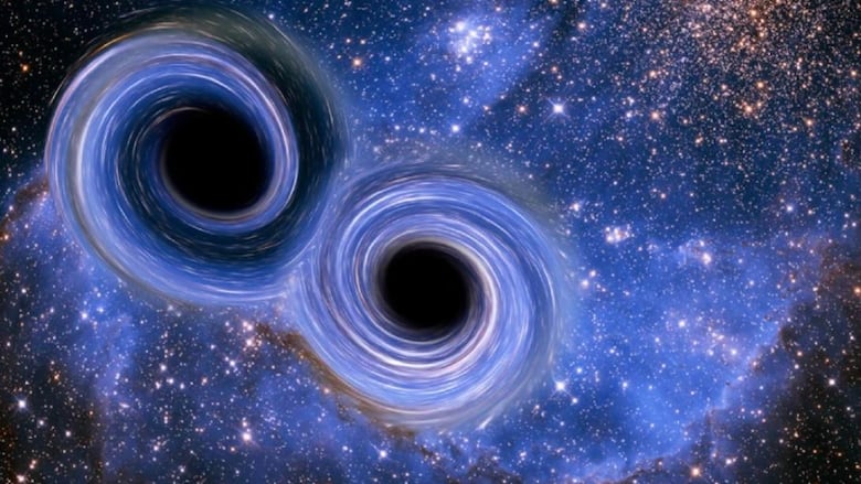 An artist's impression of two black holes merging, which can be detected on Earth through the gravitational waves the collision creates.