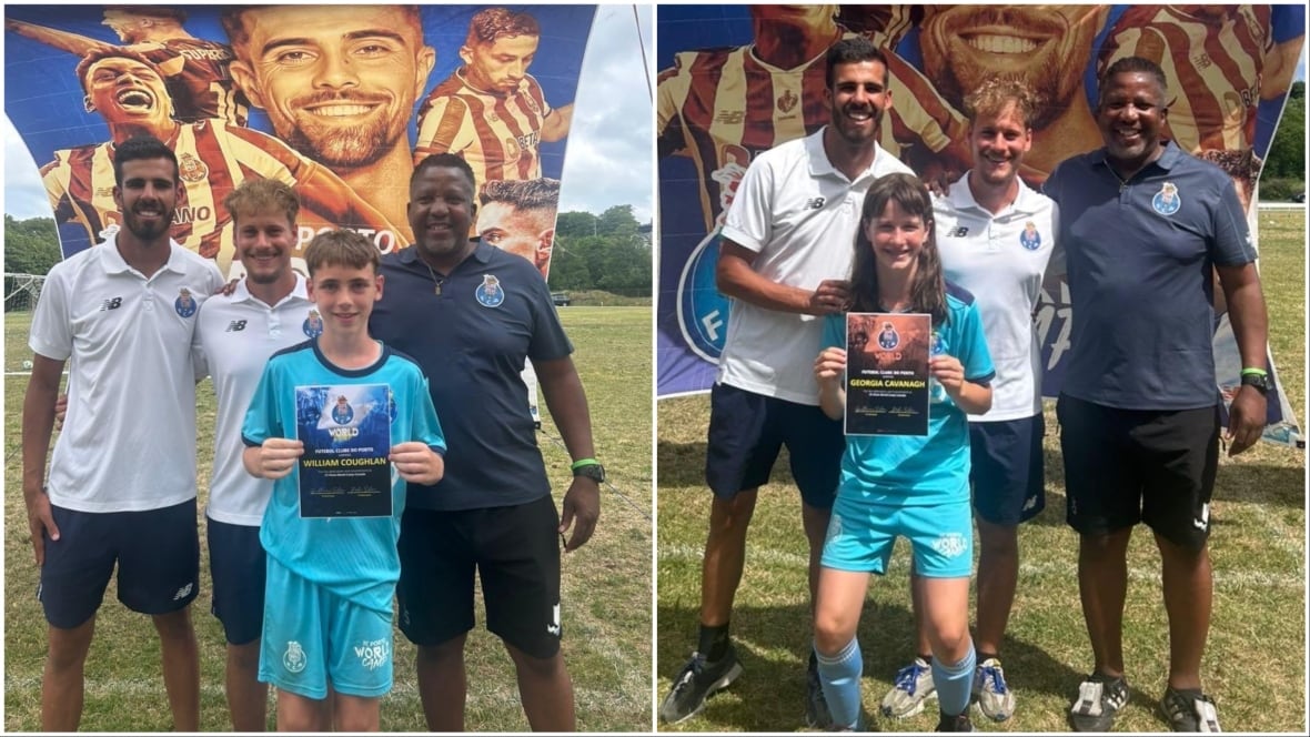 Two photos of children holding certificates with three adults standing behind them