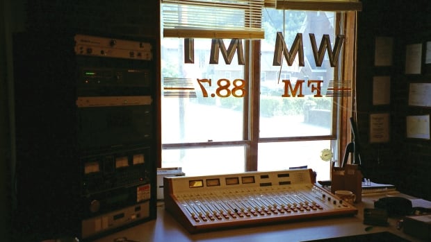The inside of a radio studio.