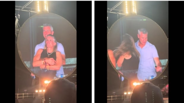 A split-screen image shows two people embracing and separating while shown on a Jumbotron.