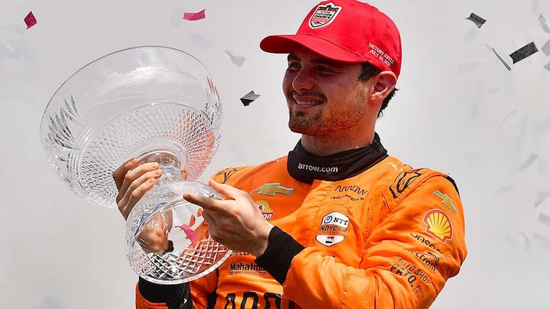 Pato O’Ward of Mexico celebrates after winning the Honda Indy in Toronto, on July 20, 2025.