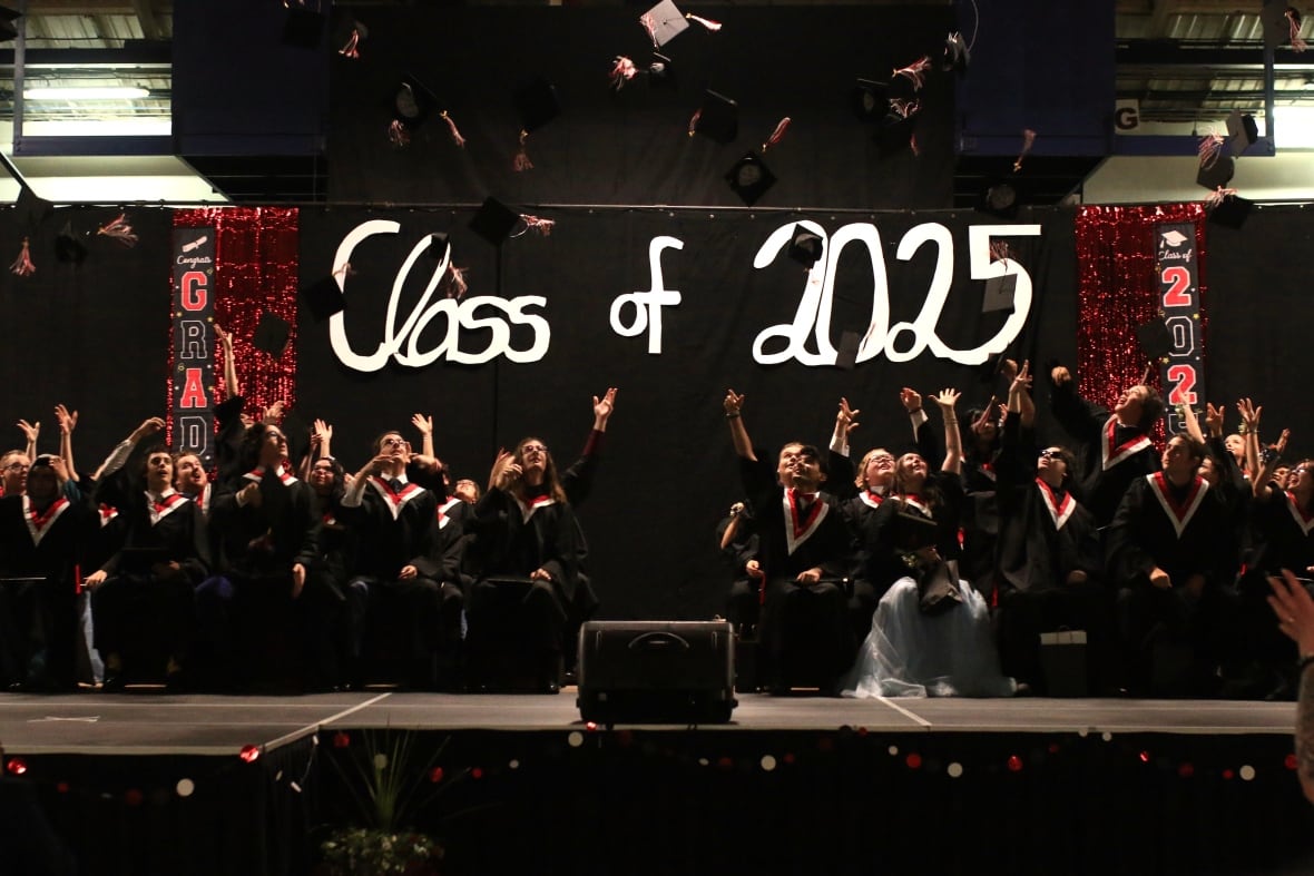 Graduates are seen throwing their caps into the air.