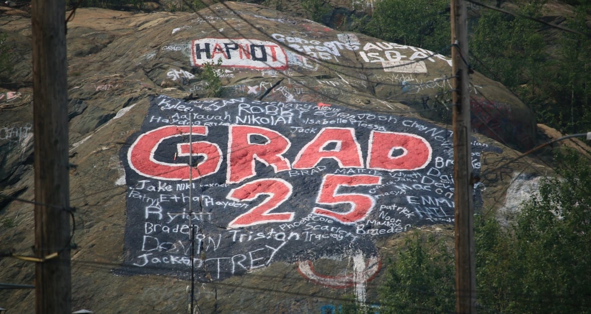 The words "GRAD 25" are painted on a hill, with numerous names painted around it.