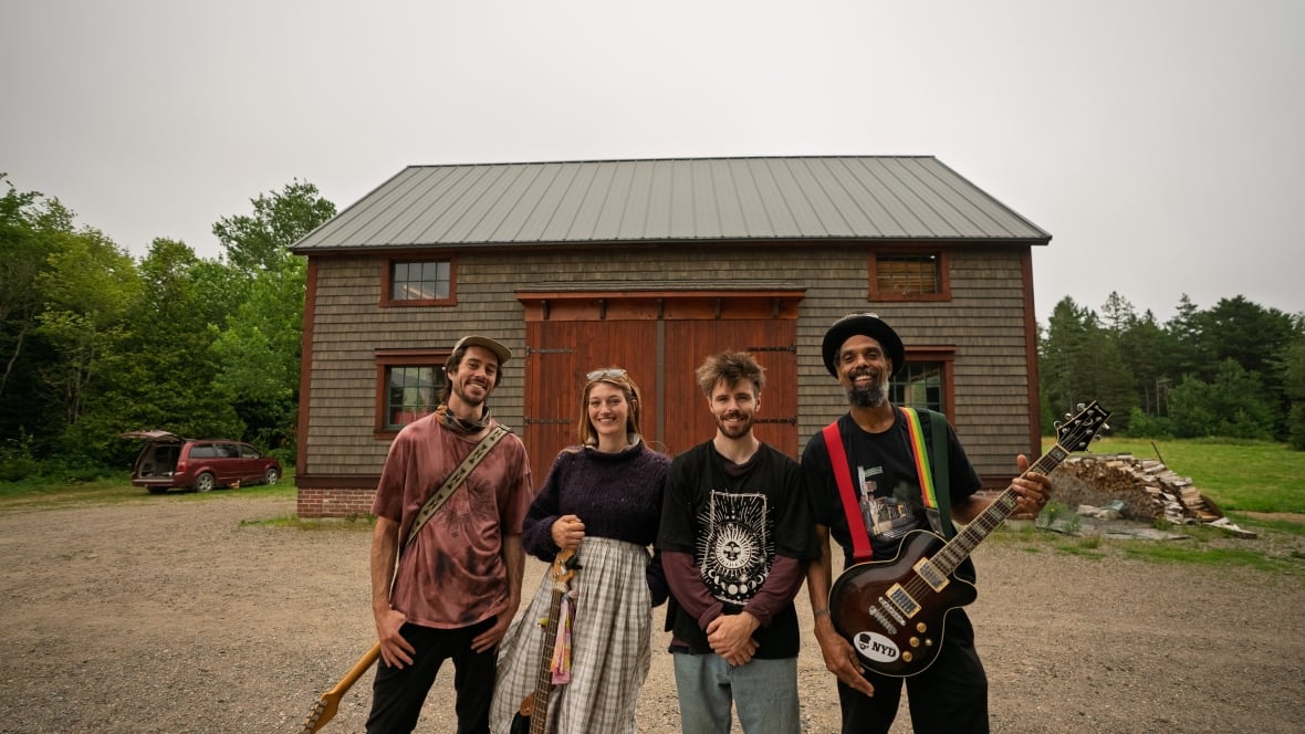 Four people standing side by side with instruments in front of a barn with a pile of firewood stacked beside it.