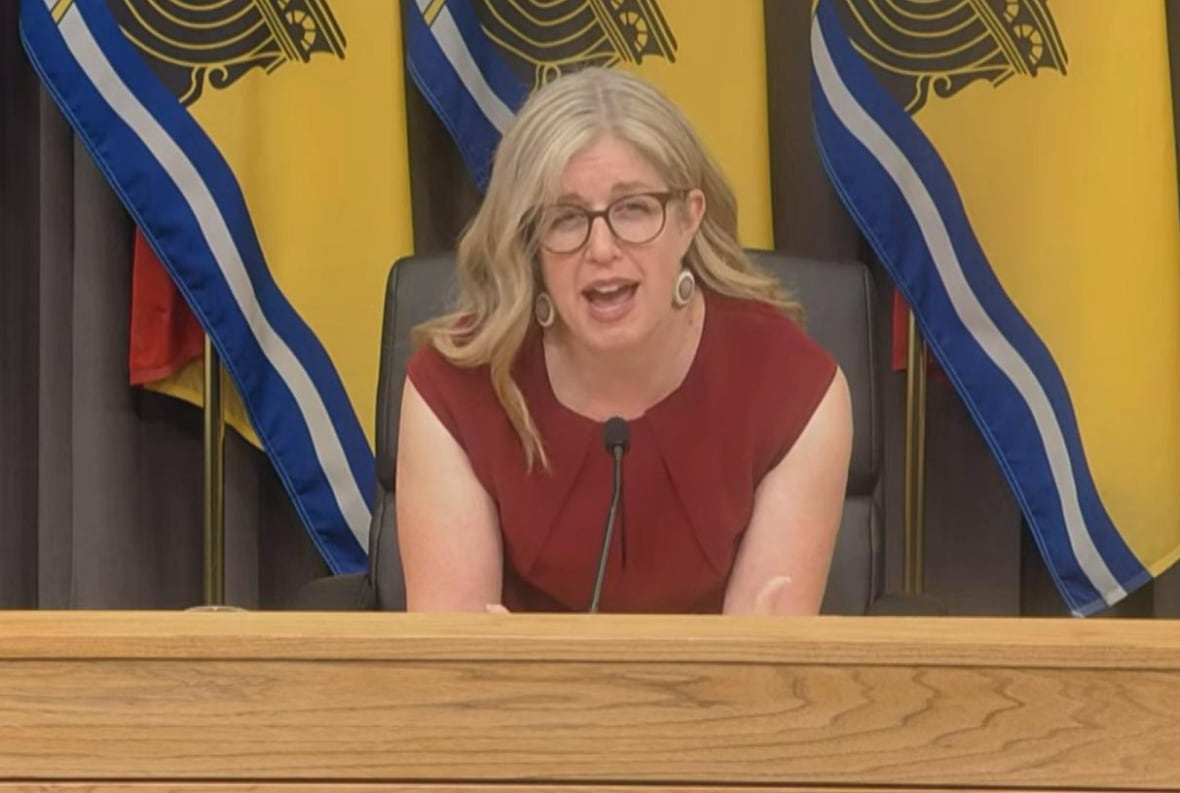 A woman in a red dress with glasses and blond hair sits in front of New Brunswick flags.