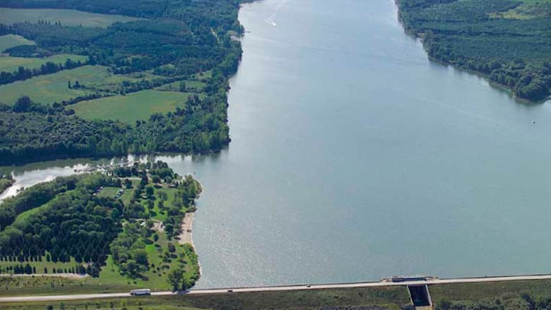 An arial shot of a lake. 
