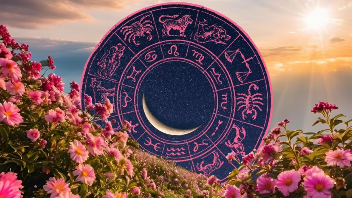 Collage of an illustrated wheel of zodiac signs with a new moon in the centre. The wheel sits on the side of a mountain covered in flowers. 