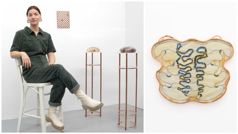 The two-part photo composite shows a portrait of a woman with brown hair, wearing a green jumpsuit and sitting on a tall chair in front of some copper and glass sculptures. The other photo shows a stained glass artwork marked with scrawling lines.