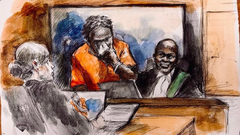 Court sketch of judge, crown attorney and accused on screen with hands held to face