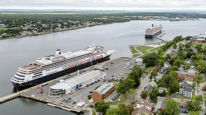 Aerial photo shows a cruise ship docked next to a terminal building in the foreground, while off in the distance a second cruise ship is docked at a pier with no buildings nearby.