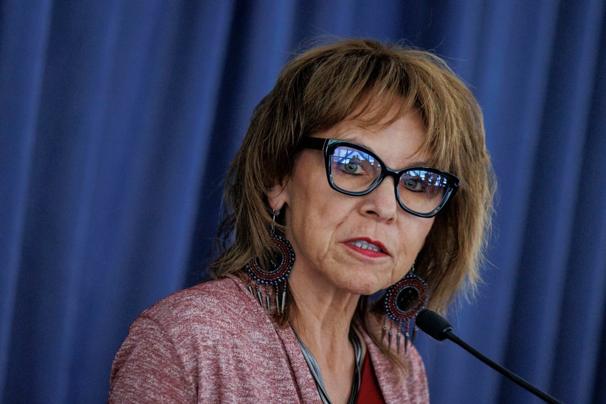 Mississaugas of the Credit First Nation Chief Claire Sault speaks on ancient human remains found near Withrow Park, during a press conference at city hall, on July 21, 2025.