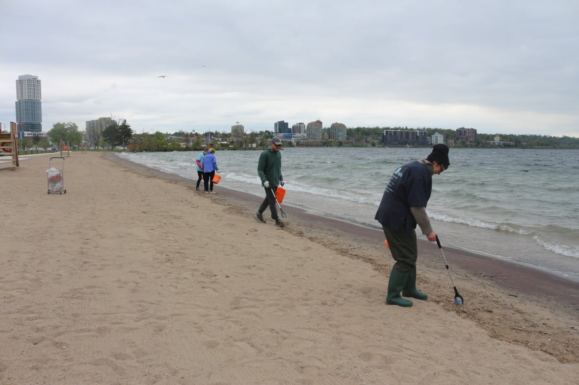 Four people walk on the sandy shore of a lake. They stoop to pick up garbage with sticks and carry orange buckets. Towers and buildings can be seen along the shore.