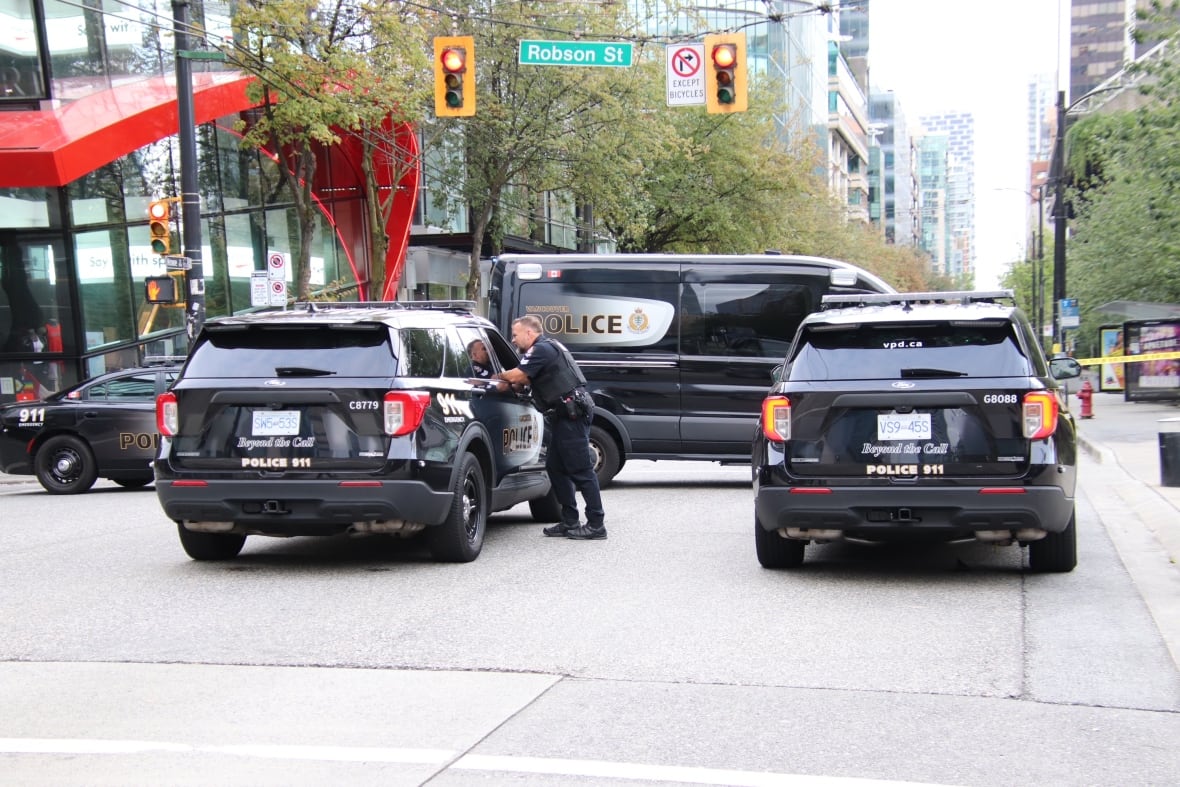 Police cars and officers are seen near a large store.