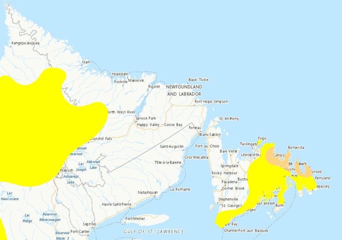A map of Newfoundland and Labrador with some parts coloured in orange and yellow.