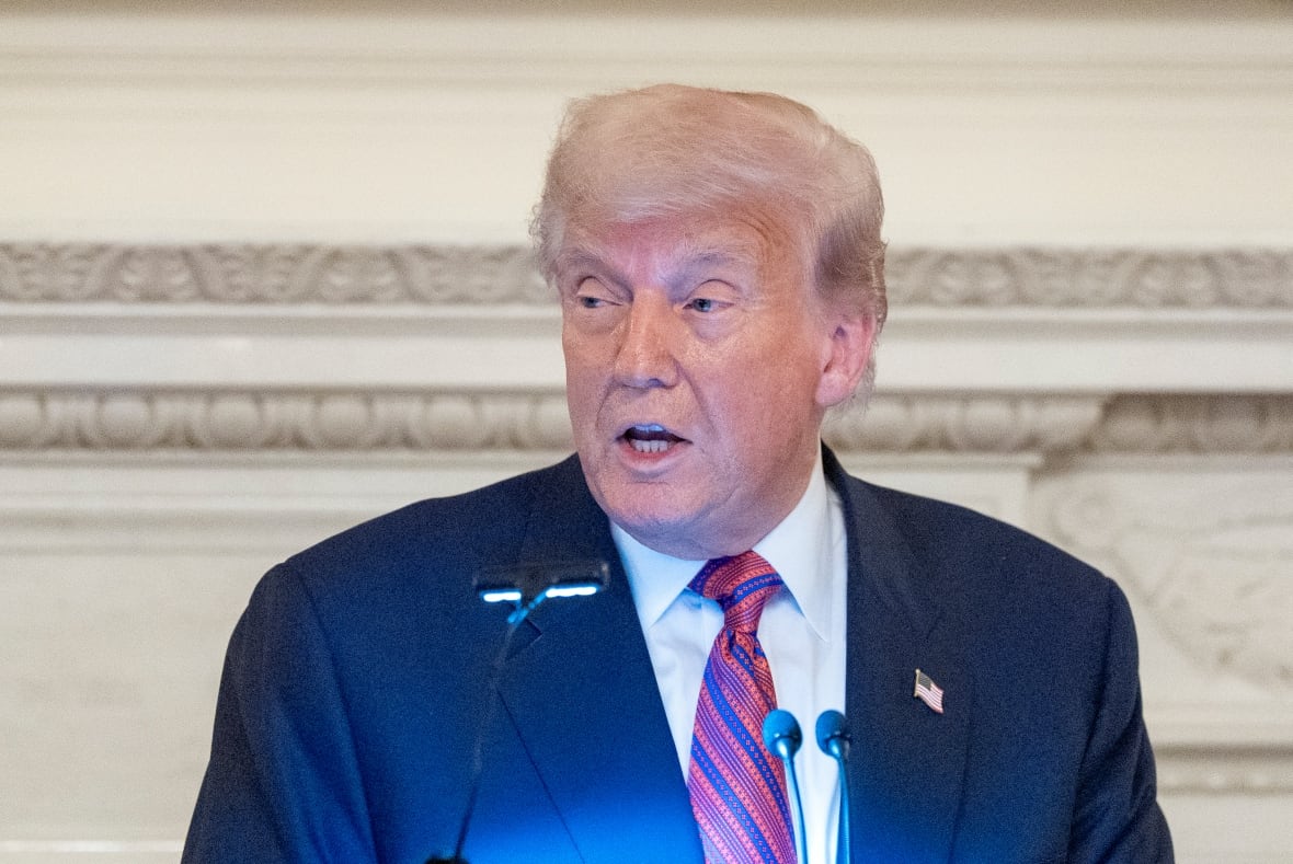 U.S. President Donald Trump speaking during a dinner at the White House.