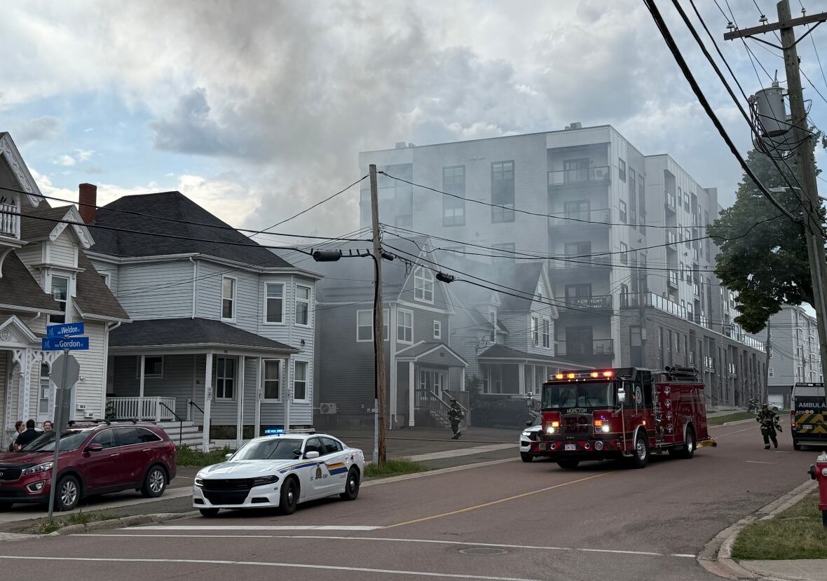 A city street with grey smoke over one home and a police car, fire truck and ambulance parked on the street.