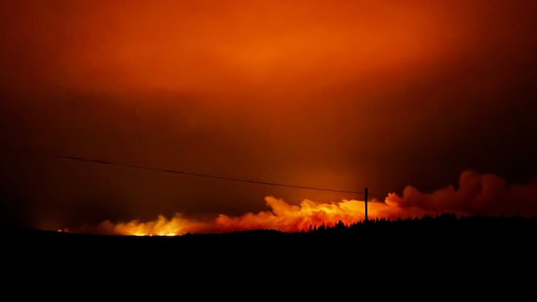 A smokey orange fire is seen on the horizon in the dusk.