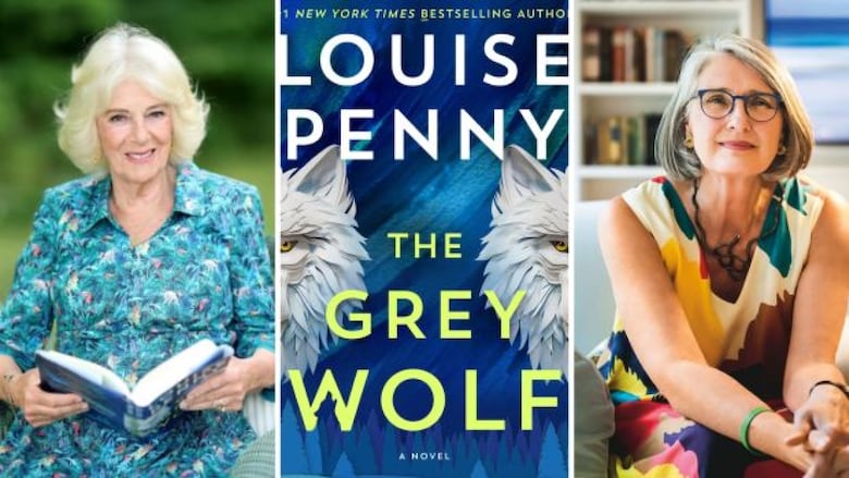 A composite image shows two women and a book cover that reads Louise Penny The Grey Wolf. 