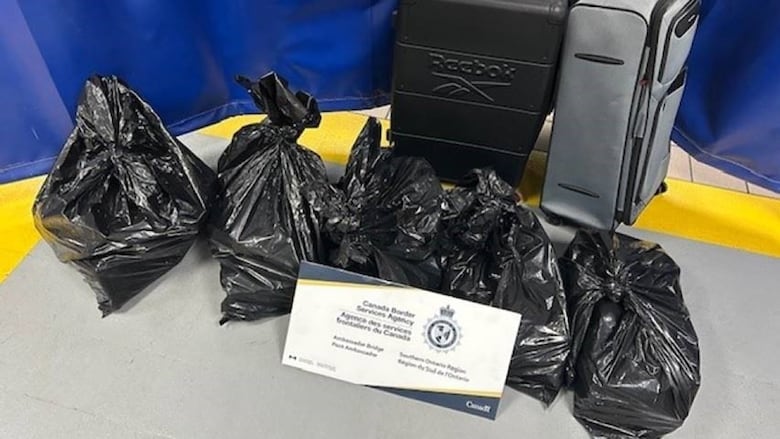 One black and one grey suitcase or moderate size sit next to each other, along with five black garbage bags tied shut. A placard sits in front of them with the CBSA logo.