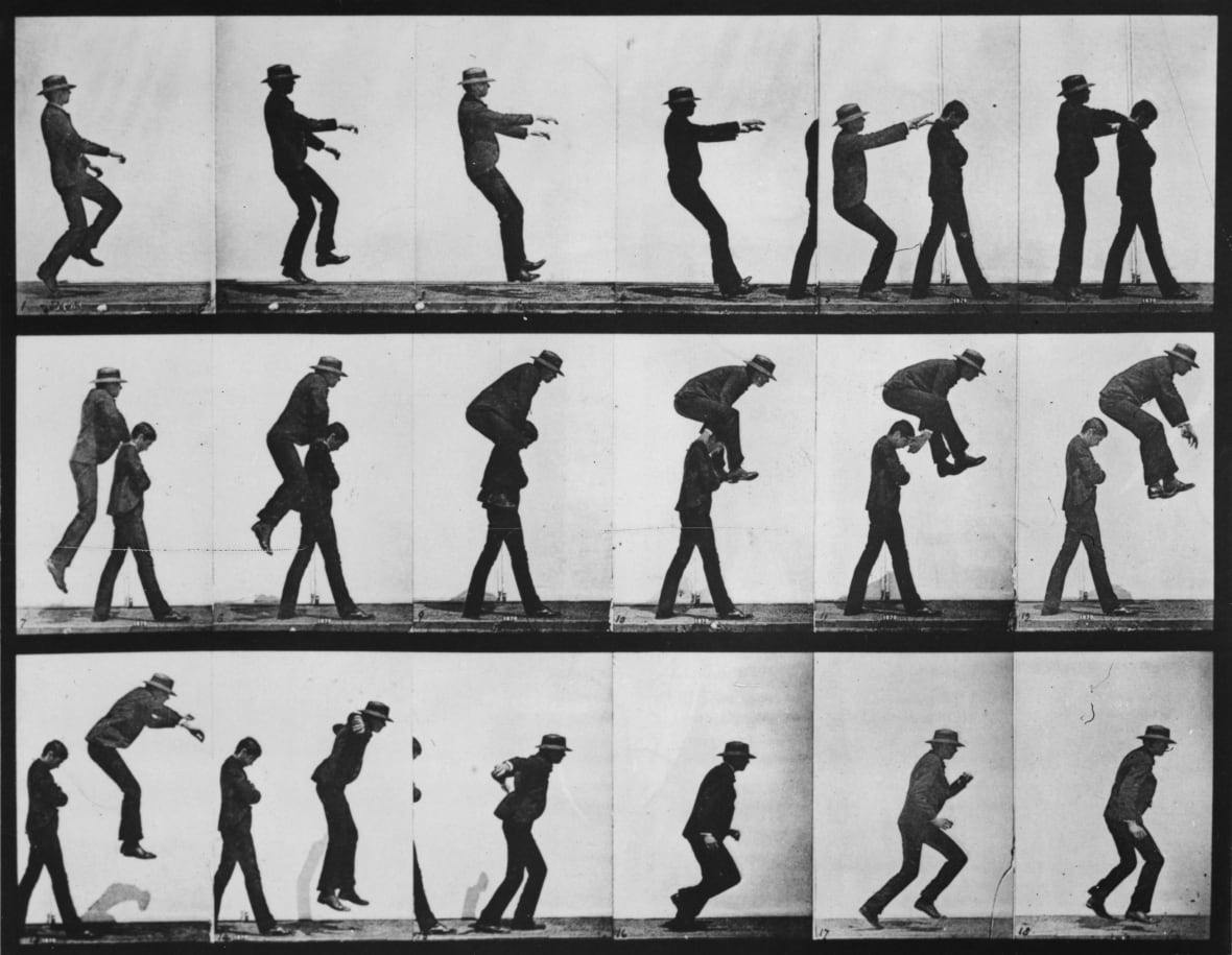 A series of photos showing a man leap-frogging over the shoulders of another man. 