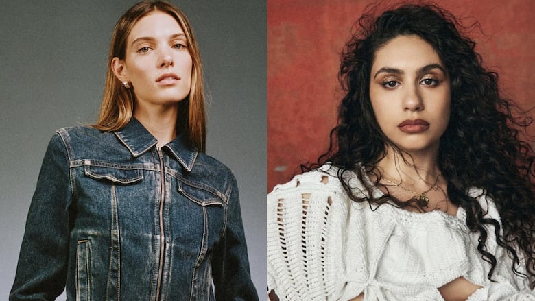 Two photos side by side, one of Charlotte Cardin in a denim jacket and one of Alessia Cara in a white knit shirt. 