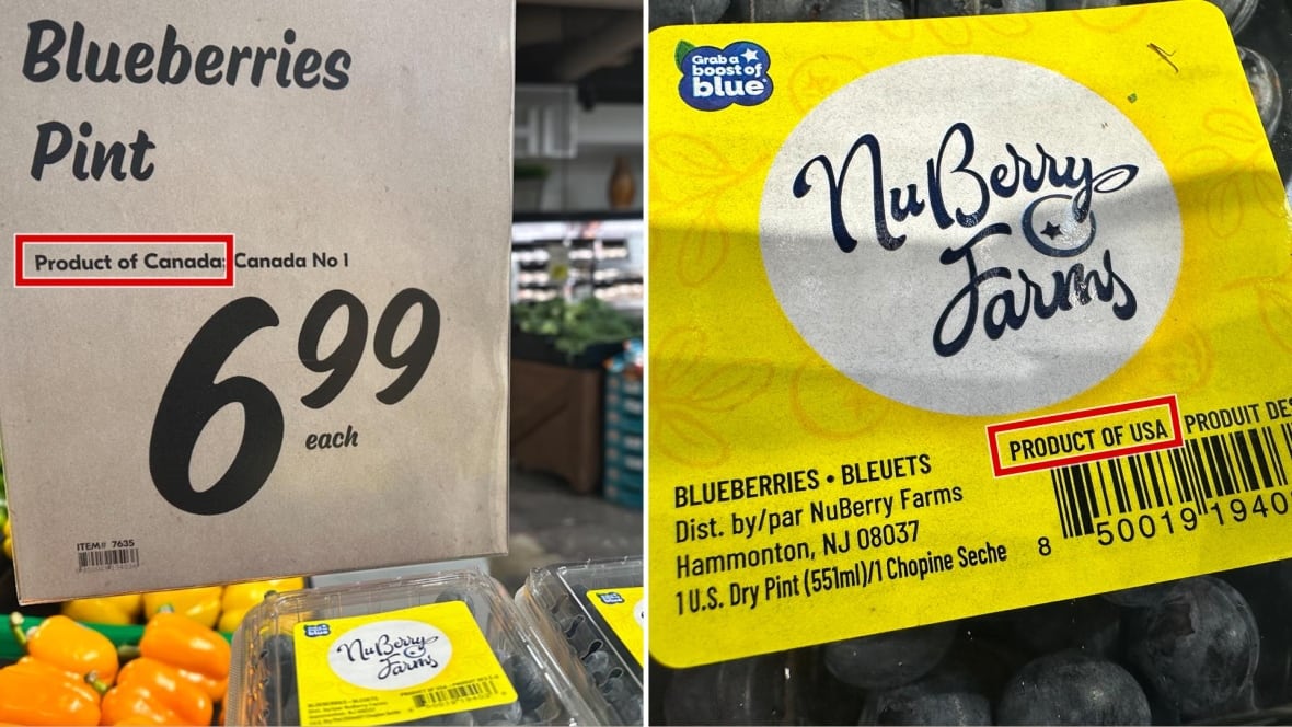 Fresh blueberries are displayed at a grocery store with a 'Product of Canada' declaration. At right, a closeup of the packaging shows the berries comes from the U.S. 