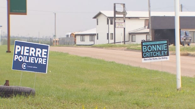 Lawn signs are displayed in advance of next month's byelection in Battle River-Crowfoot. Signs are placed on lawns in front of a rural street.