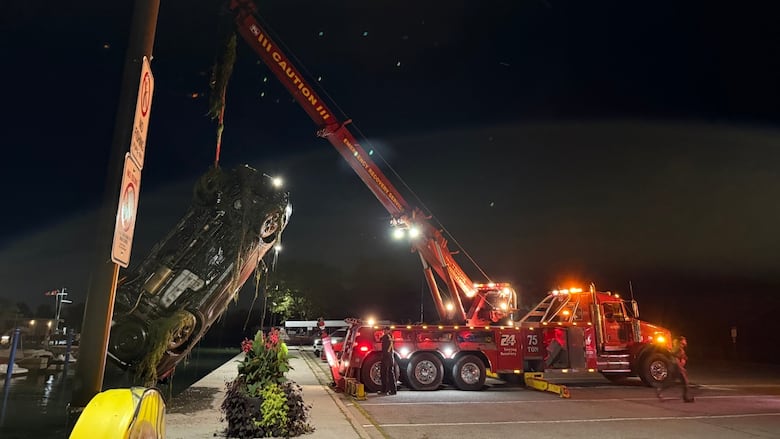 Nightime. A dark-coloured SUV hangs from a tall crane on the back of a truck, long strings of seaweed dangling from its undercarriage. The scene is illuminated by the many lights on the truck.