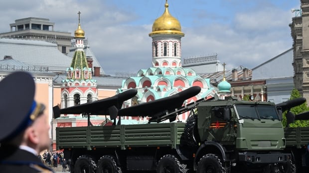 Russian military trucks transporting Geran-2 unmanned combat aerial vehicles (UCAVs) drive across Red Square during the Victory Day military parade in central Moscow on May 9, 2025. Russia celebrates the 80th anniversary of the Soviet Union's victory over Nazi Germany in the Second World War. Russian military trucks transporting Geran-2 drones drive across Red Square during the Victory Day military parade in central Moscow on May 9, 2025.