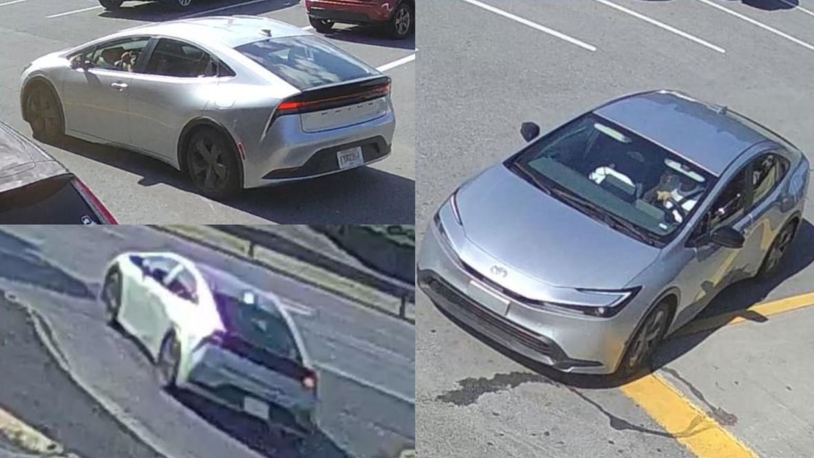 A composite photo showing different pictures of the same grey Toyota Prius.