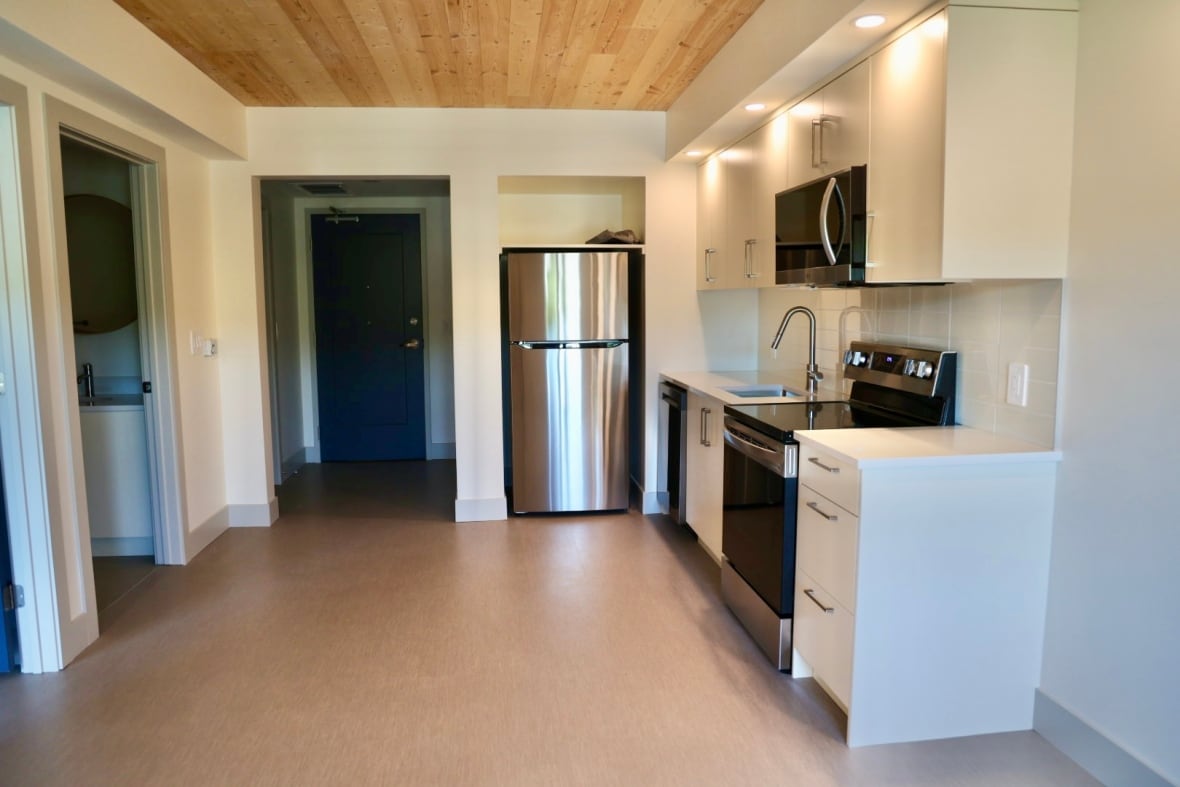An empty apartment kitchen.