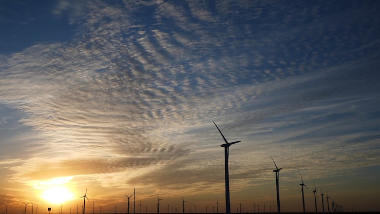 A large field of wind turbines in front of the setting sun