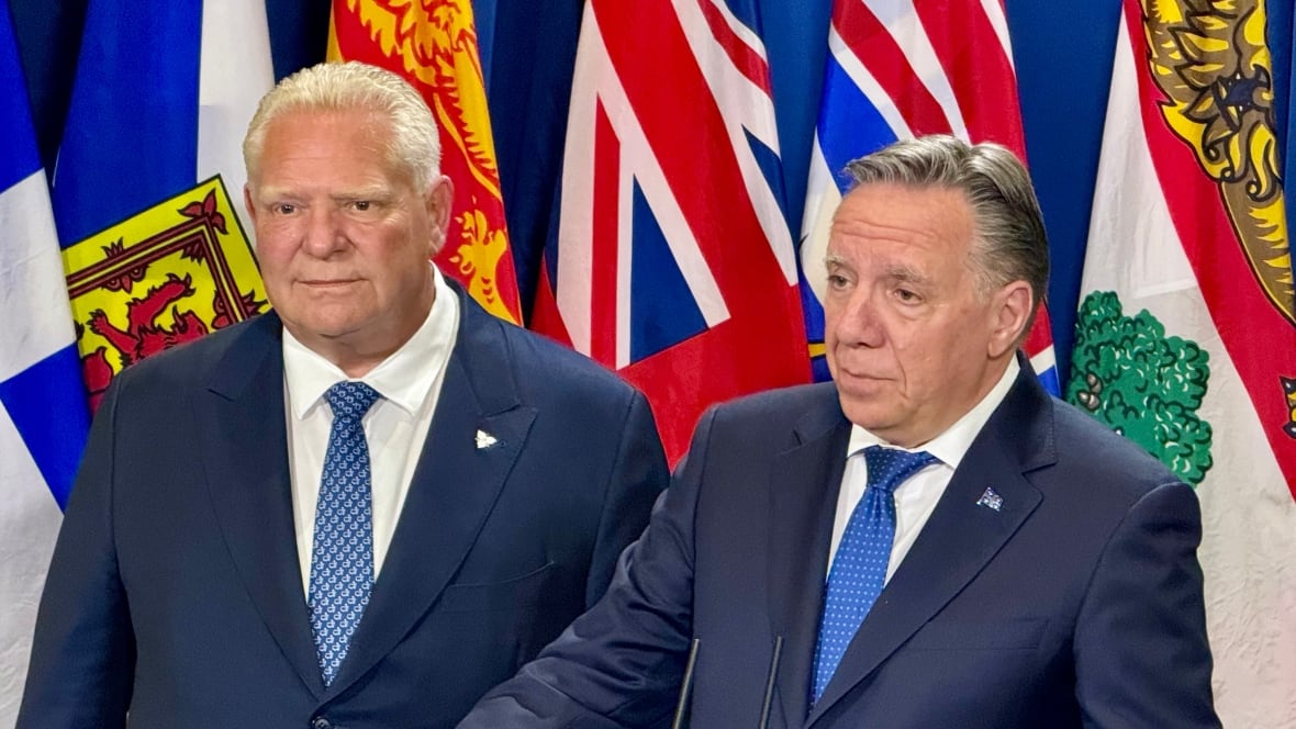 Ontario Premier Doug Ford and Quebec Premier François Legault speak at the Council of the Federation meeting in Huntsville, Ont. on Tuesday, July 22, 2025.