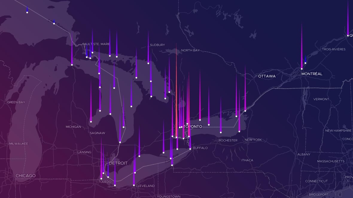 A map of the Great Lakes is shown with colour bars representing PFAS levels found in Canada.