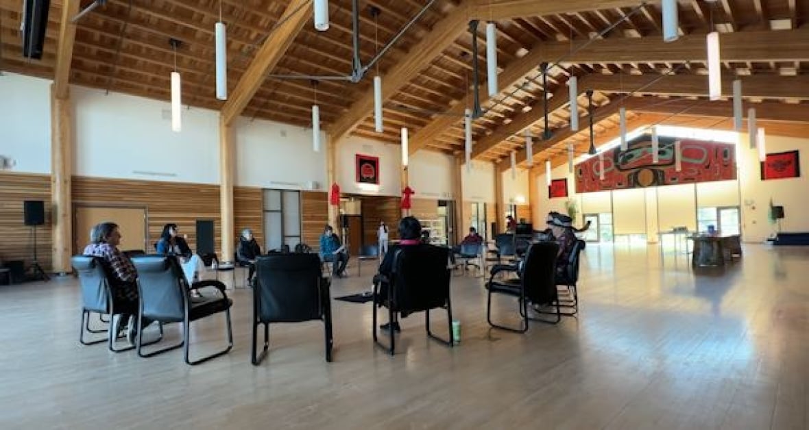 The photo shows a group of people sitting in a circle in a big event room. 