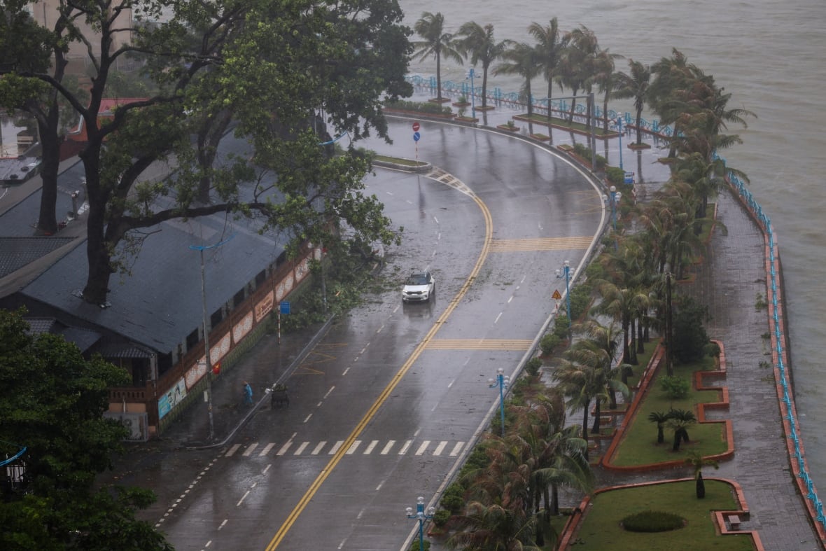 A white car drives down a wet road near wind blown trees.